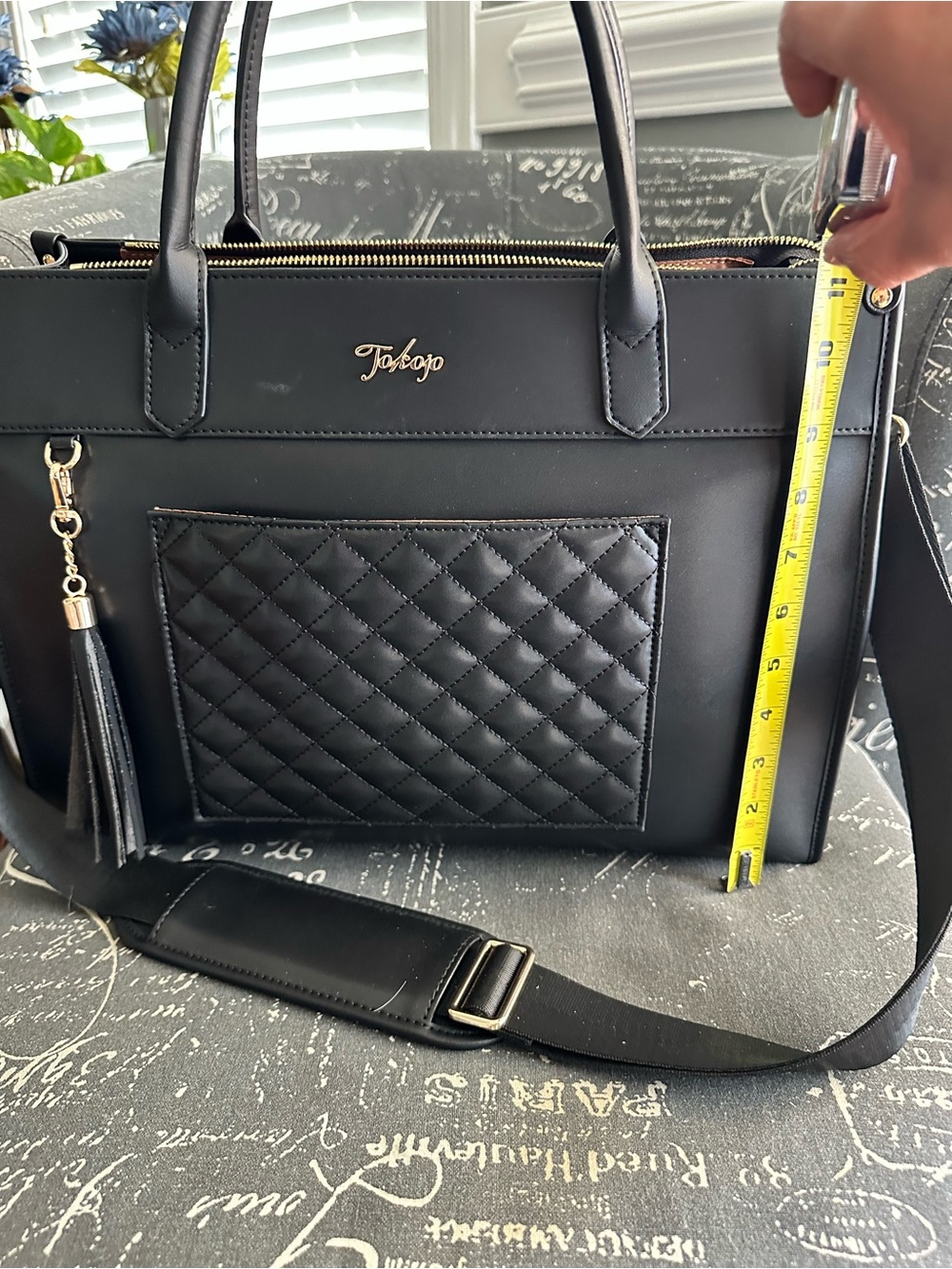 Black Quilted Laptop Bag with Tassel